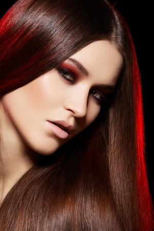 Health, beauty, wellness, haircare, cosmetics and make-up. Beautiful fashion hairstyle. Woman model with shiny straight long hair and evening make-up の写真素材