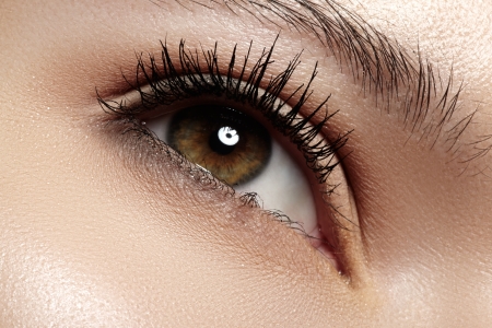 Woman beautiful eye with naturally long eyelashes  Macro shot  Wellness and spa, health and cosmetics  Natural make-up with black mascara on lashes  Long naturel eyelashes の写真素材