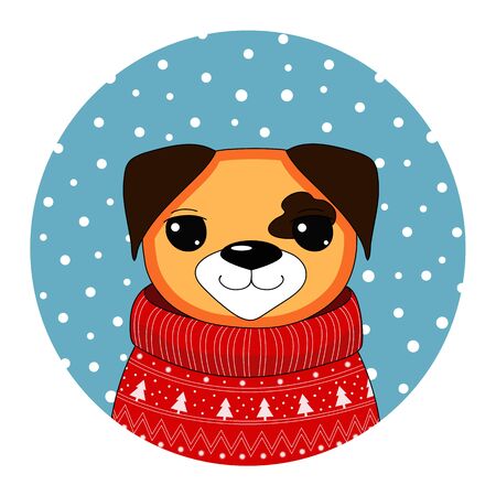 Christmas dog in a red sweater. Symbol of year 2018. Chinese New Year. New year greeting card with dog in winter warm sweater. Christmas concept  のイラスト素材