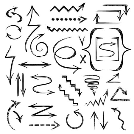 Set of black drawing arrows. Sketchy arrow hand drawn collection vector graphic design illustration.のイラスト素材
