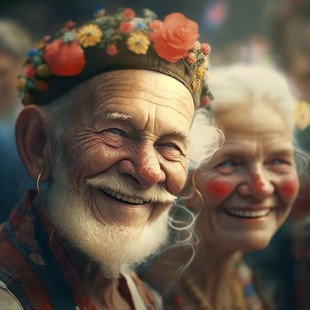 Close-up portrait of smiling and happy senior couple at holi festival. Generative AIの素材
