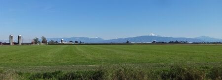 Fresh green field, snow covered mountains, and farm buildings in the countryside in the Pacific...