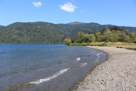 A view of Lake Whatcom from Sudden Valley beachの写真素材
