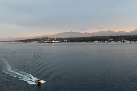 Vancouver Island, British Columbia, Canada - August 5, 2023: A view of Vancouver island and calm water on The Inside Passage- coastal routeのeditorial素材