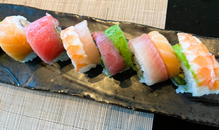 A variety of sushi rolls on the plateの写真素材
