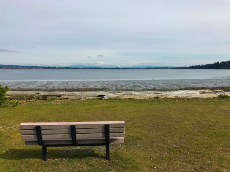 An empty bench by the bay at a viewpoint in Semiahmoo Parkの写真素材