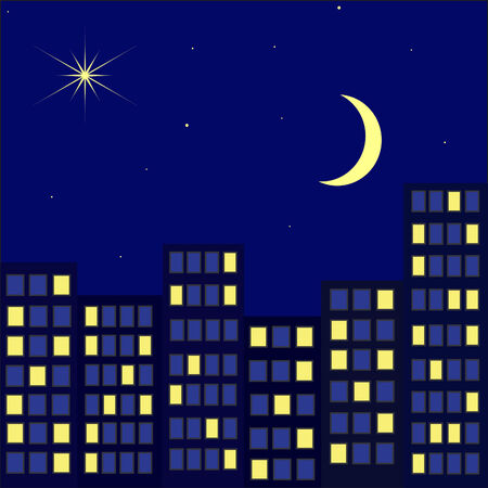 Night city against the star sky with a monthのイラスト素材