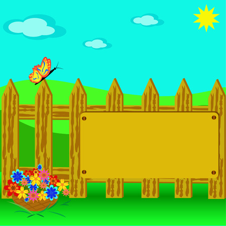 Rural landscape with the tablet on a fenceのイラスト素材