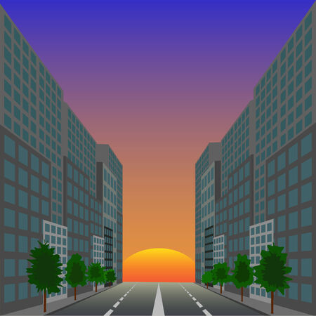 The ascending red sun against city streetのイラスト素材