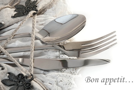 Table fork and knife in a napkin of medieval styleの写真素材