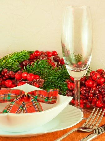 Christmas table layout, multi-colored tape with a branch of berriesの写真素材