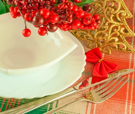 Christmas table layout, multi-colored tape with a branch of berriesの写真素材