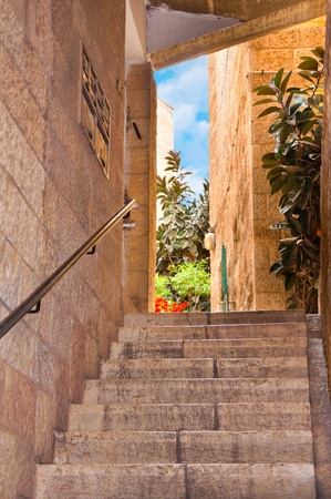 Narrow stone streets of ancient Jerusalem, Israelの写真素材