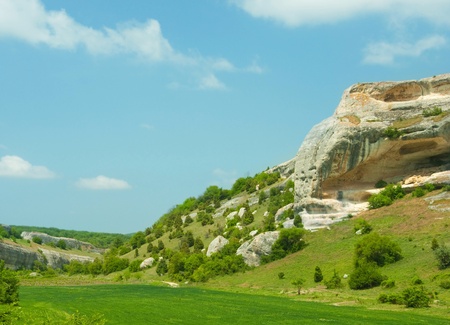 Mountains, sky and green fields in the Crimea, Ukraineの写真素材