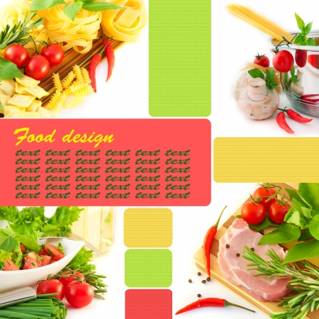 Spaghetti with red pepper, a basil and a tomato on a white backgroundの写真素材