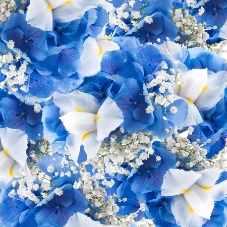 Flowers in a bouquet, blue hydrangeas and white irisesの写真素材