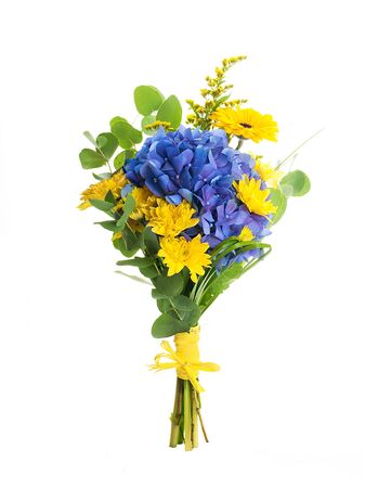 Bouquet from blue hydrangeas and yellow asters, a flower backgroundの写真素材