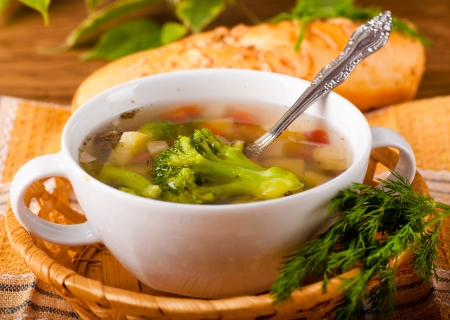 Vegetable broccoli soup and carrots, bread with fennelの写真素材