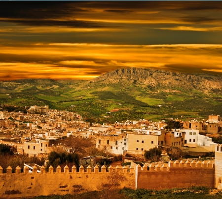 Morocco, a landscape of a city wall in the city of Fesの写真素材