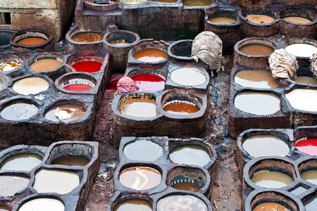 The Moroccan leather factories, ancient craft in Medina of Fesの写真素材