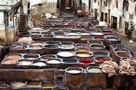 The Moroccan leather factories, ancient craft in Medina of Fesの写真素材