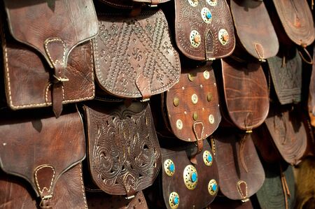 Bags, purses, hats and other products of the Moroccan leather factories