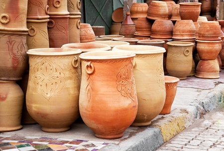 Teapot, tadjin, vase and other products of the Moroccan potter's factoriesの写真素材