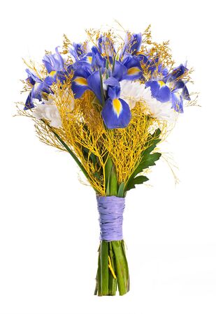 Bouquet of blue irises and white flowersの写真素材