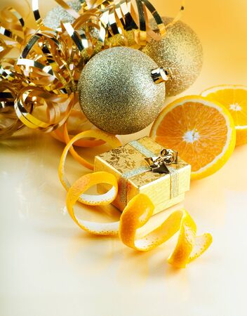 New Year's toys and orange christmas backgroundの写真素材