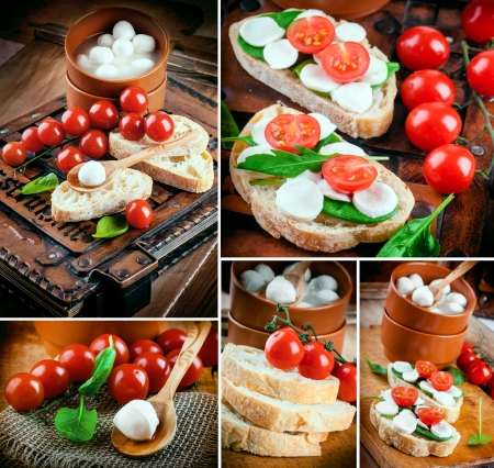 Mozzarella, tomatoes and bread. Italian foodの写真素材