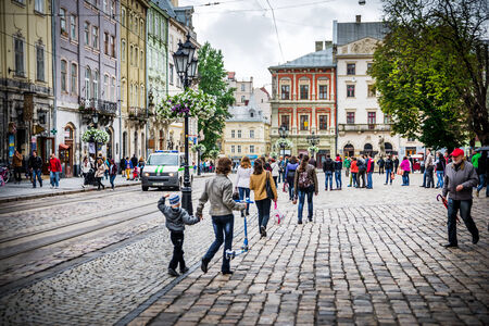 Lviv - May 2  Market Square May 2, 2014 in Lviv  Lviv - the historic center of Ukraine, a city with ancient architecture のeditorial素材