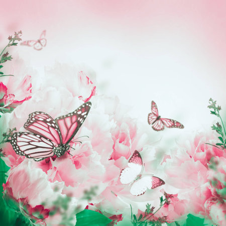 Floral background of roses and butterfly, wild flowersの写真素材