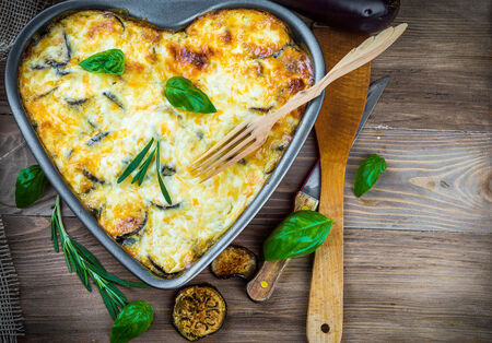 Greek Moussaka of eggplant and minced meat with olive oil.の写真素材