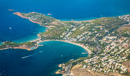 Greek Islands with bird's-eye view of the bay with yachtsの写真素材