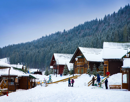 Christmas winter landscape, old wooden house, surrounded by snow-capped fir treesの写真素材