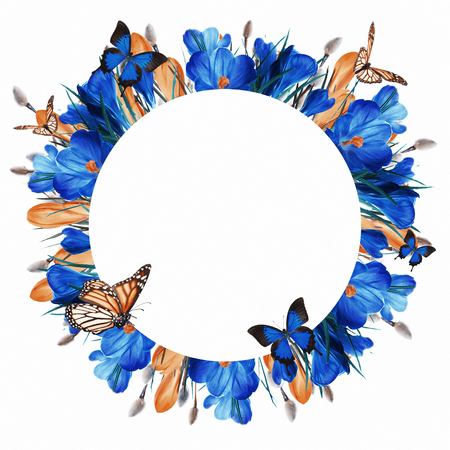 Blue and yellow crocus and snowdrops with willow. Butterflies on the background of spring flowers ..の写真素材