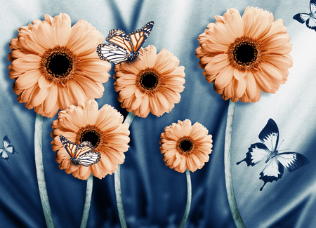 Floral background of chrysanthemums, bright flowers on a gray. Applied a filter with grain.の写真素材