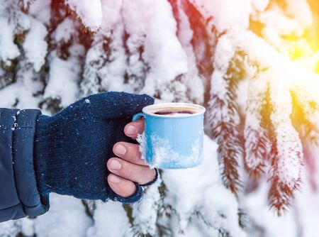 Cups of hot coffee on the snow. Christmas landscape.の写真素材