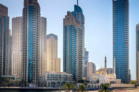 General view of Dubai Marina. Line of the city skyline.