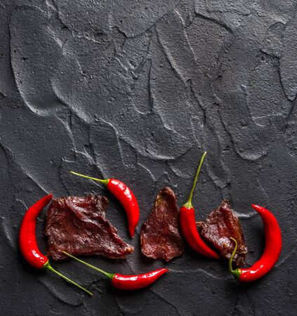 Beef jerky, from pieces of fillet in soy sauceの写真素材