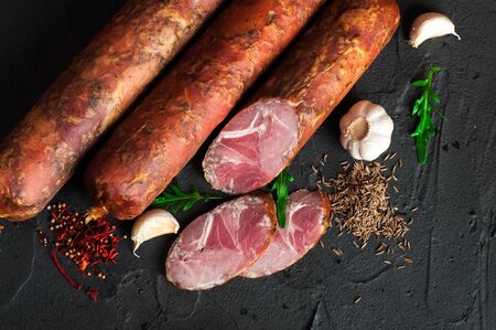 Drogobych sausage made from pork and beef Meat delicacies.の写真素材