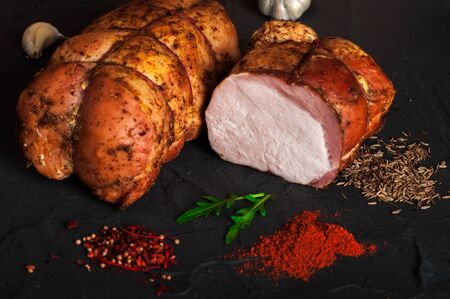 Tasty juicy smoked pork balyk. Delicatessen meatの写真素材