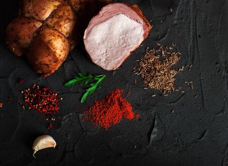 Tasty juicy smoked pork balyk. Delicatessen meatの写真素材