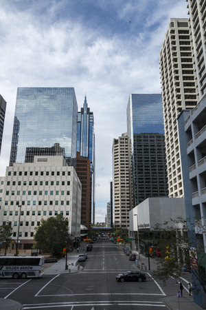 Calgary, Alberta/Canada â August 30, 2015: The intersection of  6 Avenue SW and 2 St SW viewed from a nearby skyway in Calgary, Alberta.のeditorial素材