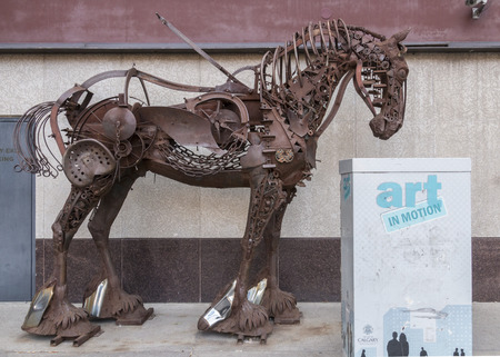 Calgary, Alberta/Canada â August 30, 2015: A "found" metal horse sculpture by Russell Zeid stands outside a restaurant in Calgary, Alberta.のeditorial素材