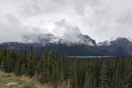 The spectacular view from a turnout along the Icefields Parkway in Banff National Park, Alberta, Canada.の写真素材