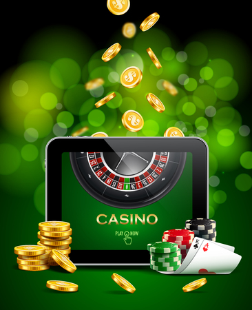 Casino background with tablet, golden coins, cards, roulette and chips.のイラスト素材