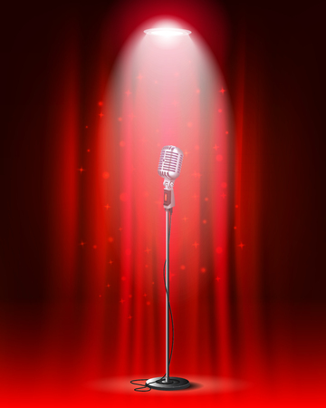 Vintage microphone against curtain backdrop and spotlight.のイラスト素材