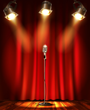 Stage with red curtians, microphone and spotlight.のイラスト素材