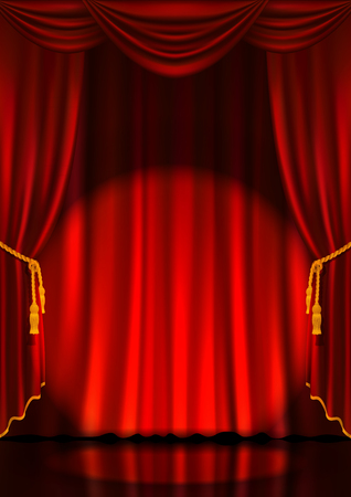Theater stage with red curtain and spotlight. Vector illustration.のイラスト素材